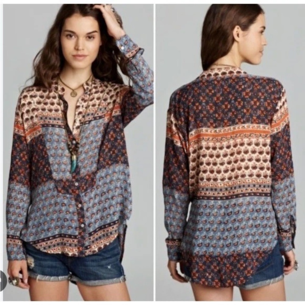 Free People Crepe Caravan Patchwork Button Front Shirt Sz Small Indie Boho